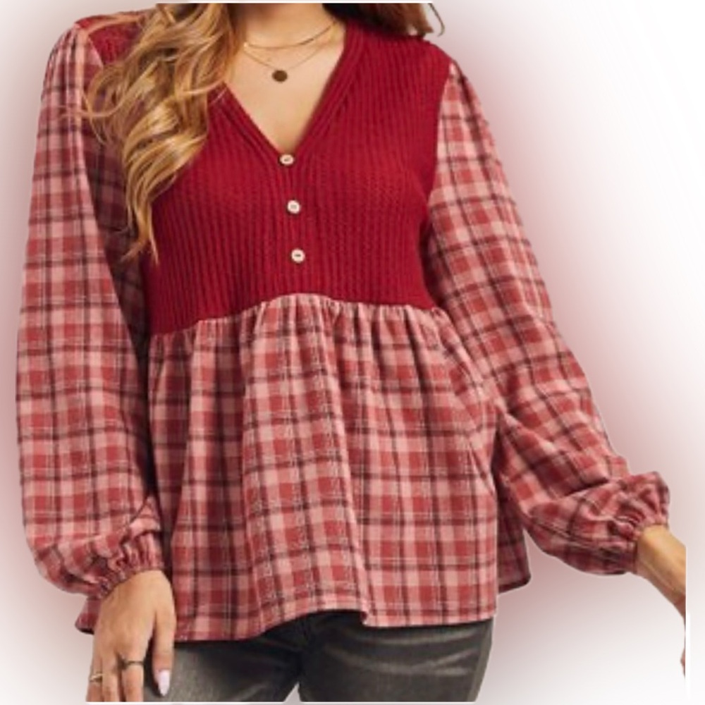 🌟Waffle knit & Plaid Babydoll Top! NWT